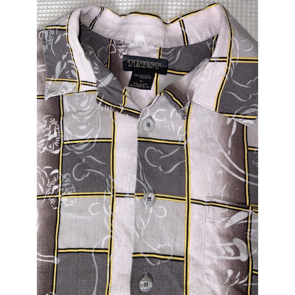 Linen Camp Button Up Hawaiian Shirt Men's XL Tiger Plaid Gray White Loop Trust